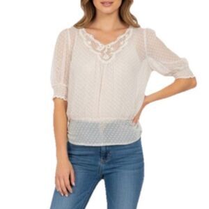 Prevett Women's Beige Dotted Swiss Victorian Romantic Puff Sleeve Blouson Top L